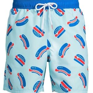 Blue and Red Hot Dog Pattern Swim Trunks